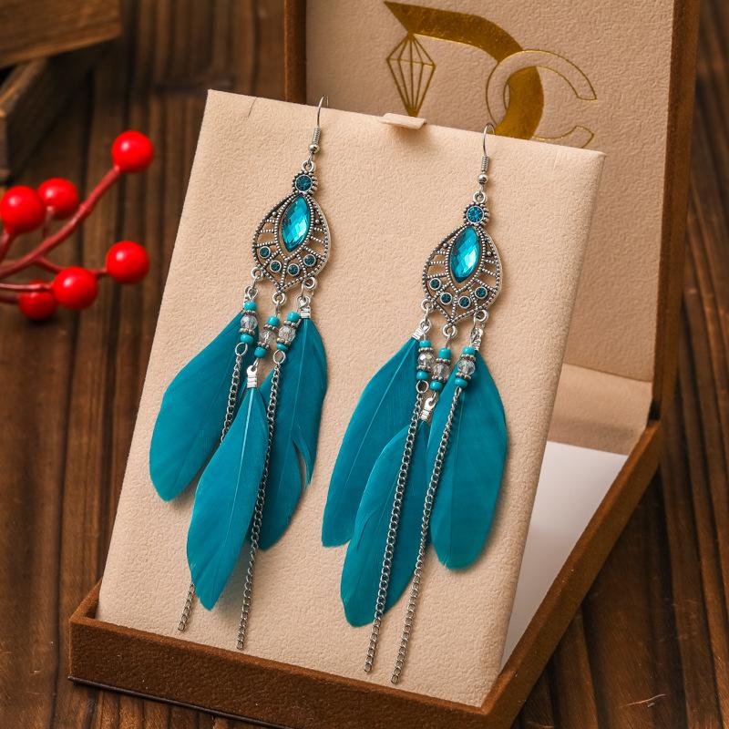 

Bohemian Water Drop Feather Earrings for Women Fashion Elegant Fresh Rhinstone Chain Tassel Earrings Party Vacation Jewelry