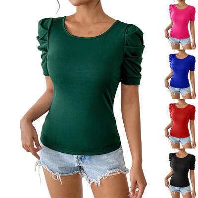 Women's Round Neck Pleated Puff Short Sleeve T-Shirt Bow Top