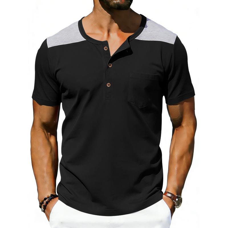 Men Contrast Shoulder Henley Neck Short Sleeve Pocket Casual Tee