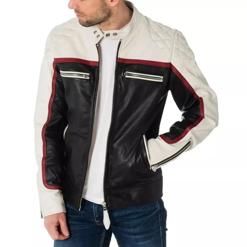 Genuine Lambskin Handmade Stylish Leather Jacket Motorcycle Biker Coat New Men's