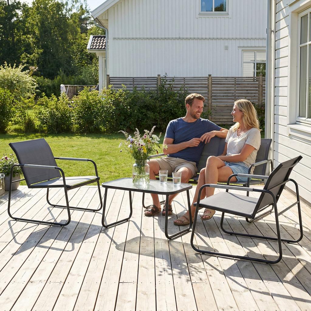 Garden Furniture Set, 4-Piece, Steel and Textilene, Braided Rope Armrests, Grey