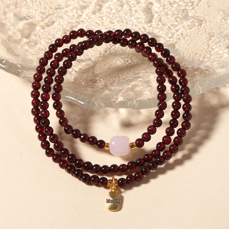 Exquisite Women's Garnet & Hetian Jade Three-Circle Lucky Bead Bracelet