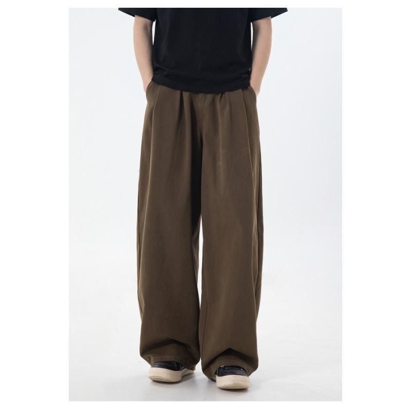 Heren Katoenen Casual Broek Losse Rechte Pijp Dubbele Plooizakken