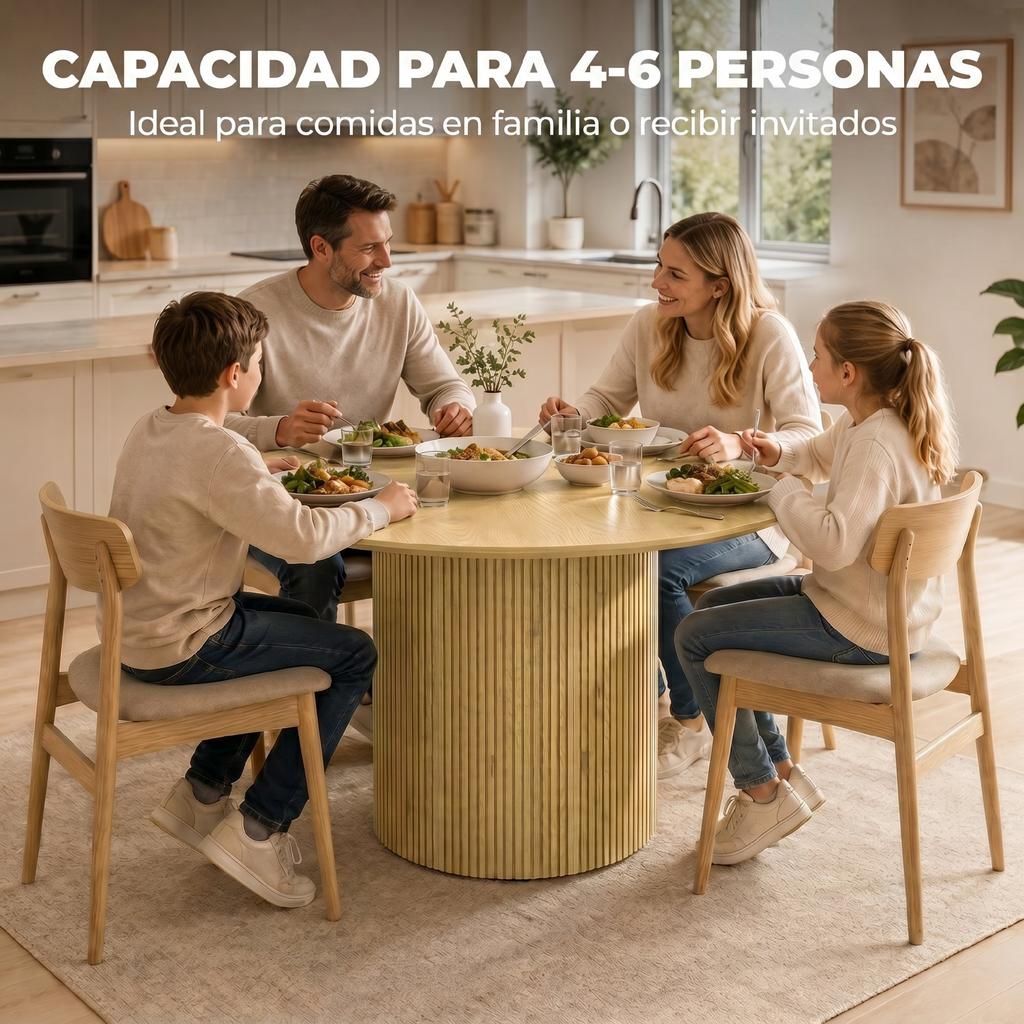 Modern Round Dining Table For 4 6 People 110 Cm Kitchen Table With Fluted Cylindrical Base Oak