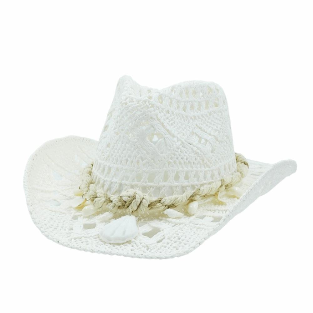 New Hollow Cowboy Straw Hat Large Brim Seashell Beach Sun Hat Big Head Circumference Bohemian Hat Sunshade