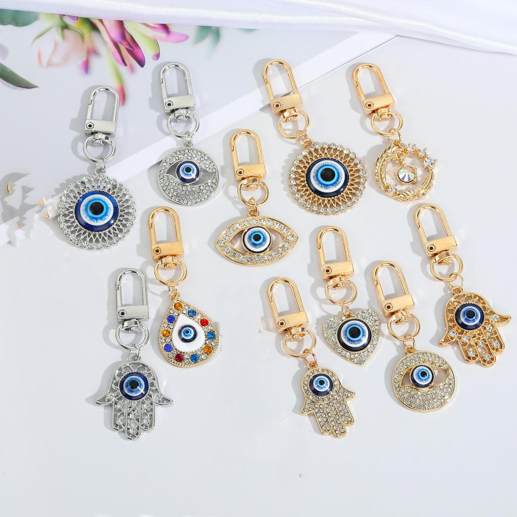 Crystal Blue Evil Eye Hasma Keychains Gold Copper Color Fatima Hand Charm Key Ring Accessories