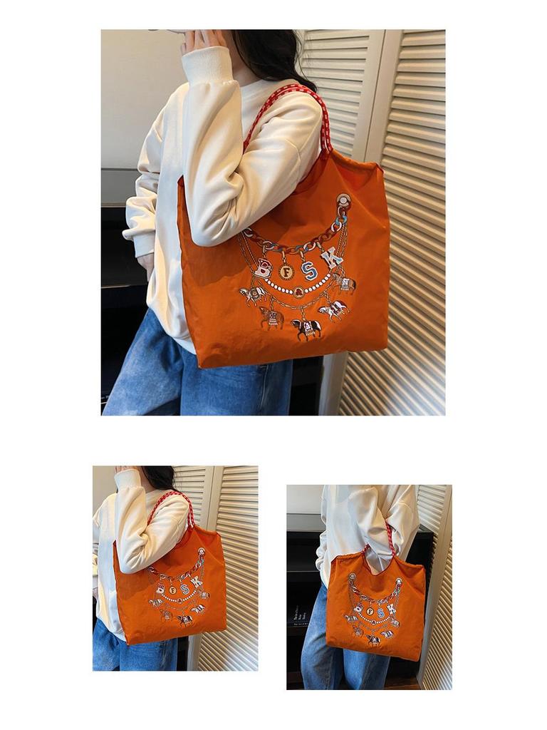 2026 Spring Japanese Style Eco-friendly Nylon Embroidered Tote - Large Capacity Casual Single Shoulder Bag for Women