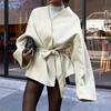 Winter Warm Women Wool Coat Thick Loose Short Trench Peacoat Jacket with Belt Open Front Overcoat