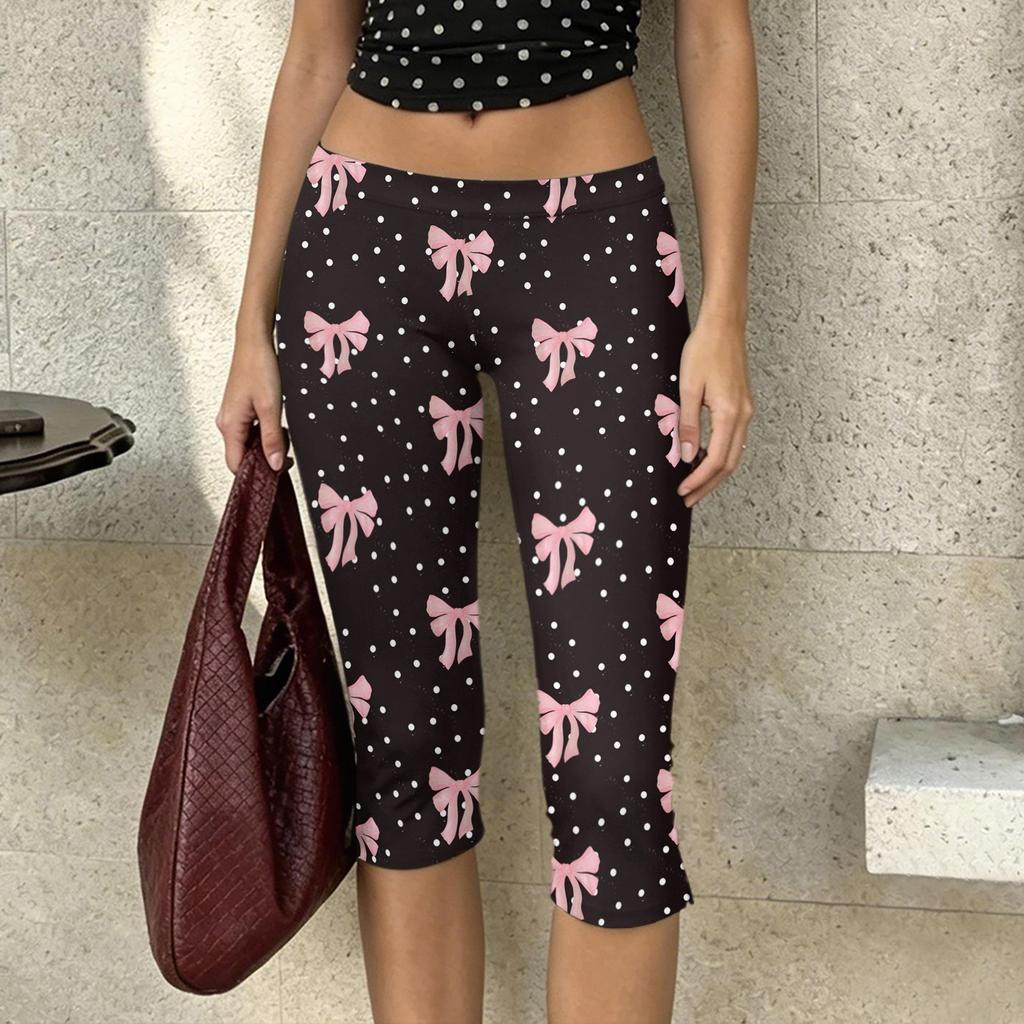 Women’s Polka Dot Print Milk Silk Capri Pants High Waist Stretchy Slim Fit Elastic Waistband Lightweight Casual Trousers for Daily Wear