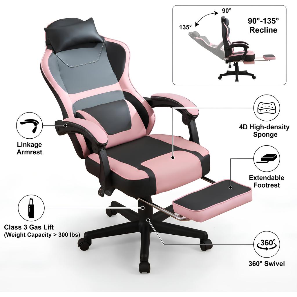 Ergonomická herní židle v Kawaii stylu (Růžová a Černá) s výsuvnou opěrkou nohou a bederní opěrkou – Všestranné pro domácí kancelář a relaxační přestávky.