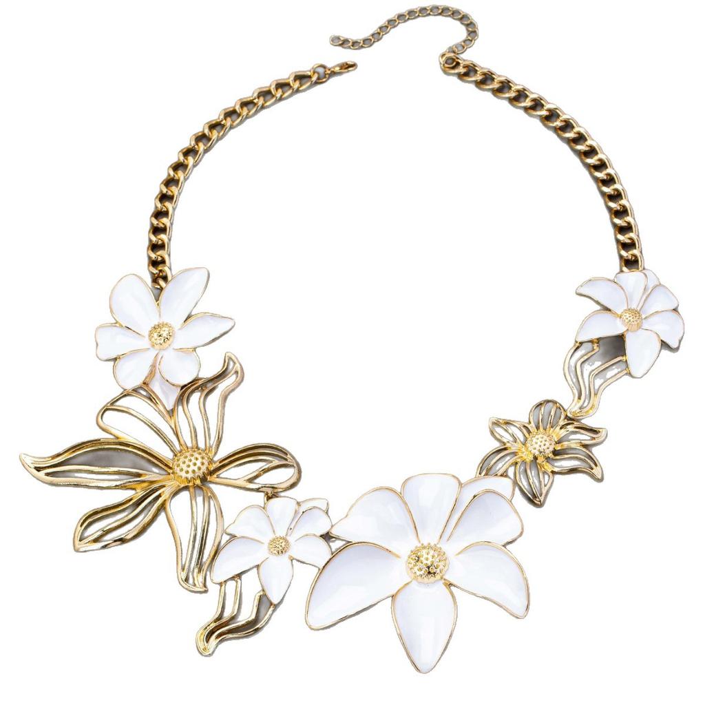 Vintage Oil Drop Flower Necklace for Women, Trendy Daily Beach Vacation Jewelry, Unique Delicate Collarbone Chain
