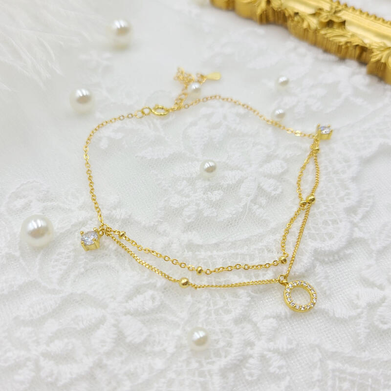 Silver 925 Ring Pendant Double Chain Anklet