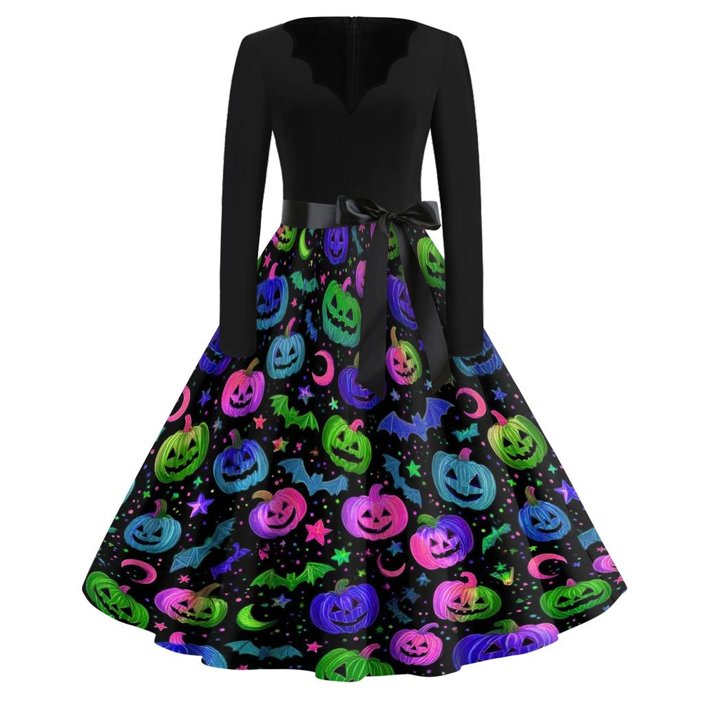 Women Casual Vintage V Neck Dress Halloween Printed Long Sleeve Retro Swing Dress with Waist Tie Belt for Daily Wear