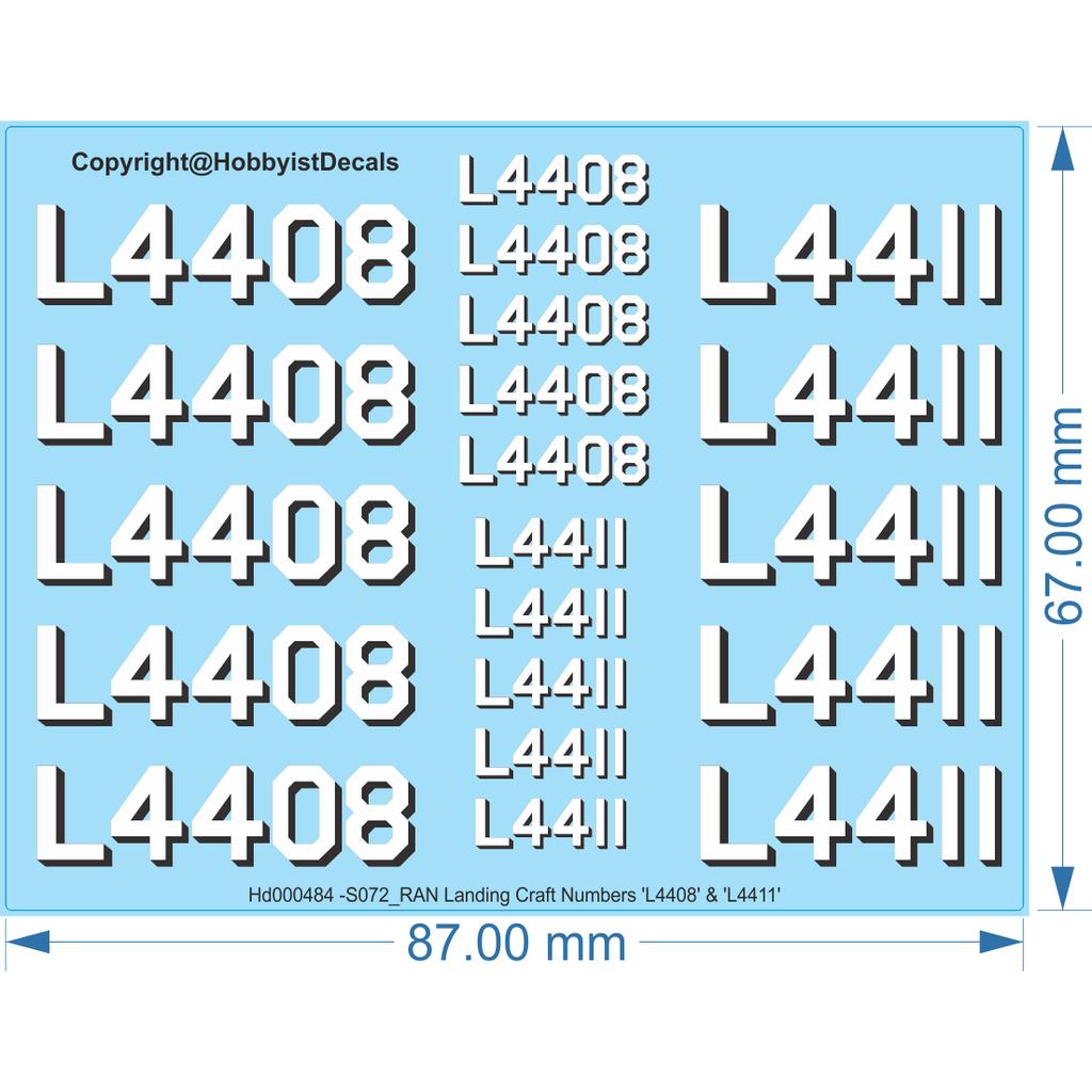 RAN Landing Craft Numbers 'L4408' & 'L4411' Ship Decal - 1/72 - Water Decal - Waterslide, 1/72
