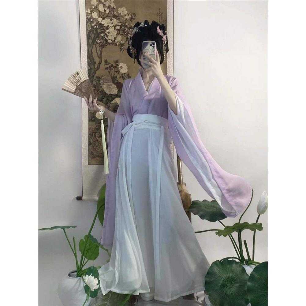 Tre-delat set med korshalsad midjelång kjolstil från Wei- och Jin-dynastierna för kvinnor