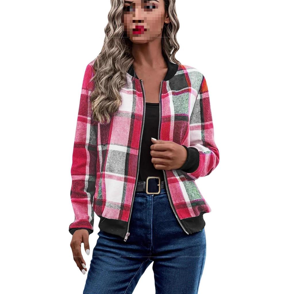 2025 Women's Plaid Zipper Baseball Jacket for Autumn/Winter