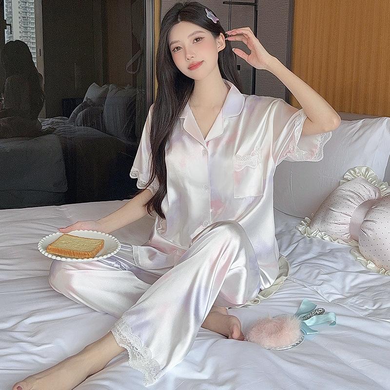 Summer Gentle Lace Edge Ice Silk Pajamas Women'S Smudging Color High-Quality Short-Sleeved Trousers Loungewear Set
