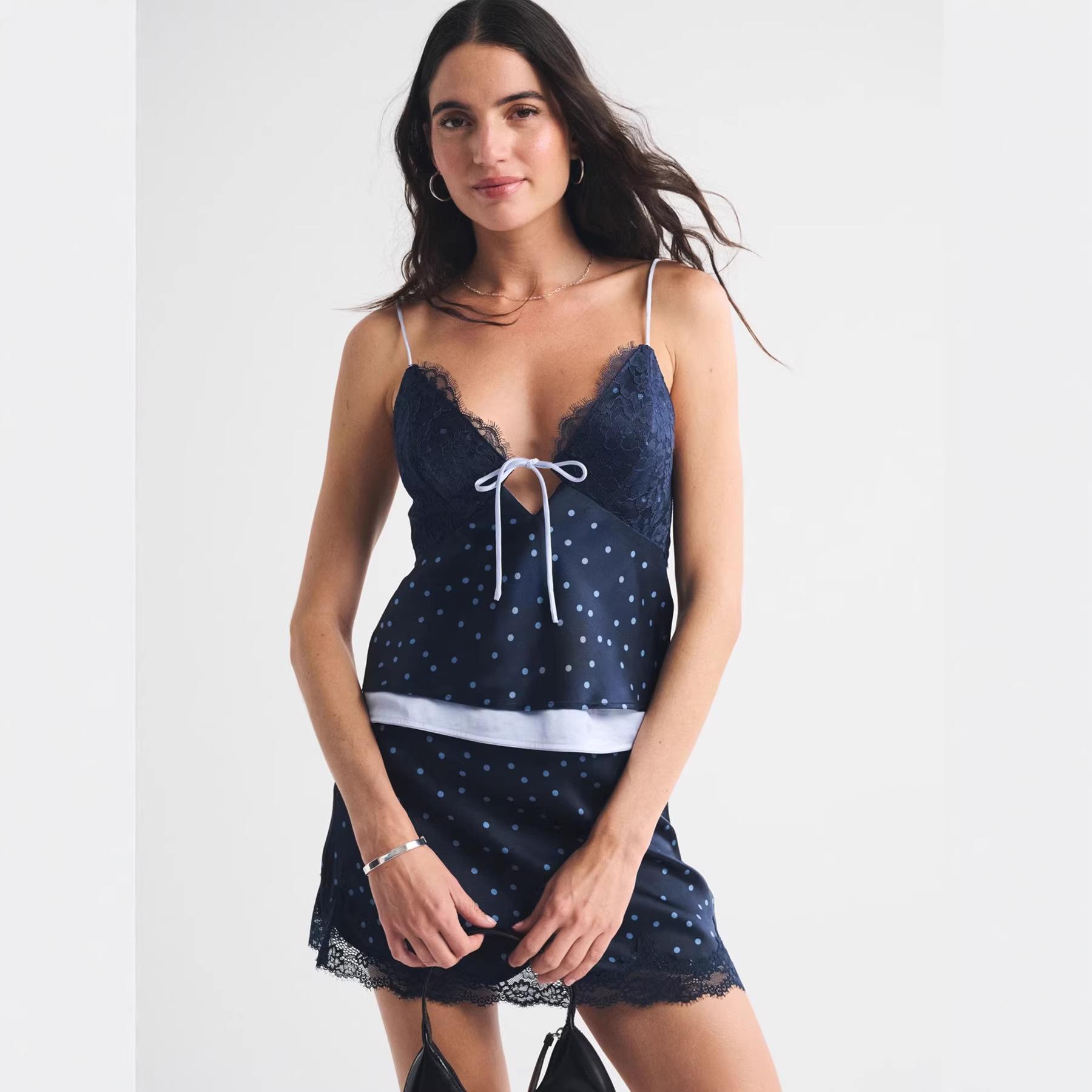 French Lace Bottom Shirt Women s Summer Vintage Splicing Bow Suspender Vest Lace-up Spice Girl Satin Polka Dot Top XS