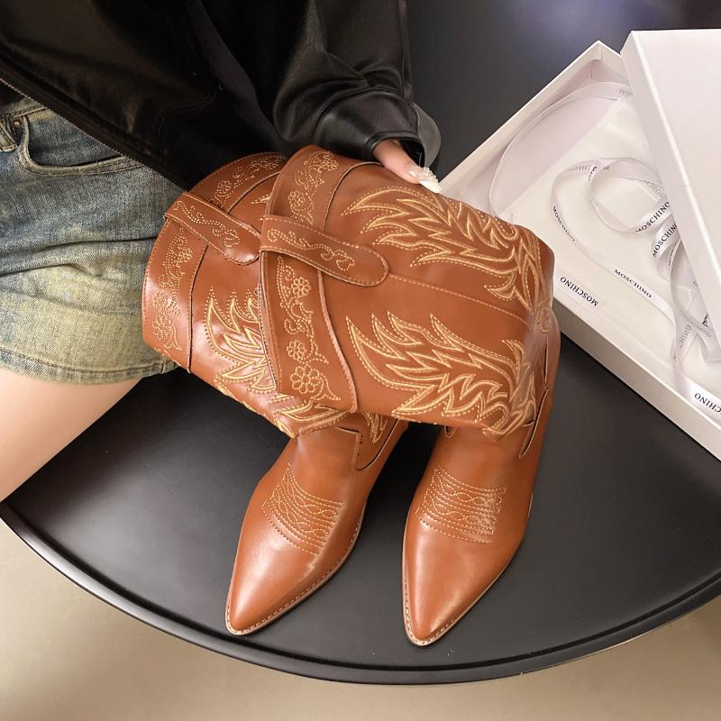 Fashion 2025 New Western Boots Women Retro Embroidery Pointed Toe Boots Knee High Knight Boots