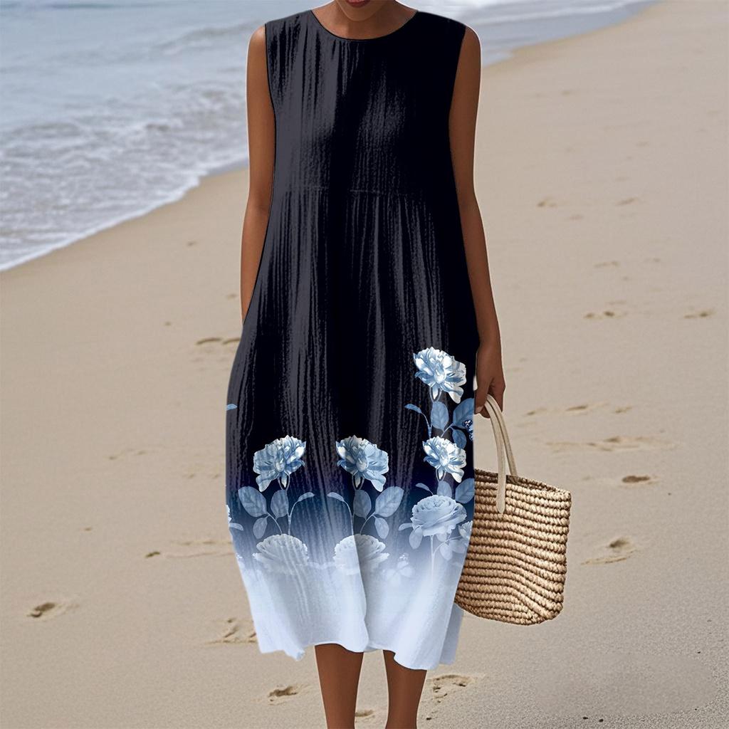 Mote dame avslappet ermeløs rund hals blomsterprint elegant temperament kjole