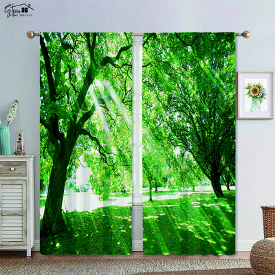 Forest Scenery 3D Printed Curtains Green Woods Sunshine Maple Leaves Nature Vitality B&B Hotel Bedroom Living Room Curtains 2PCS