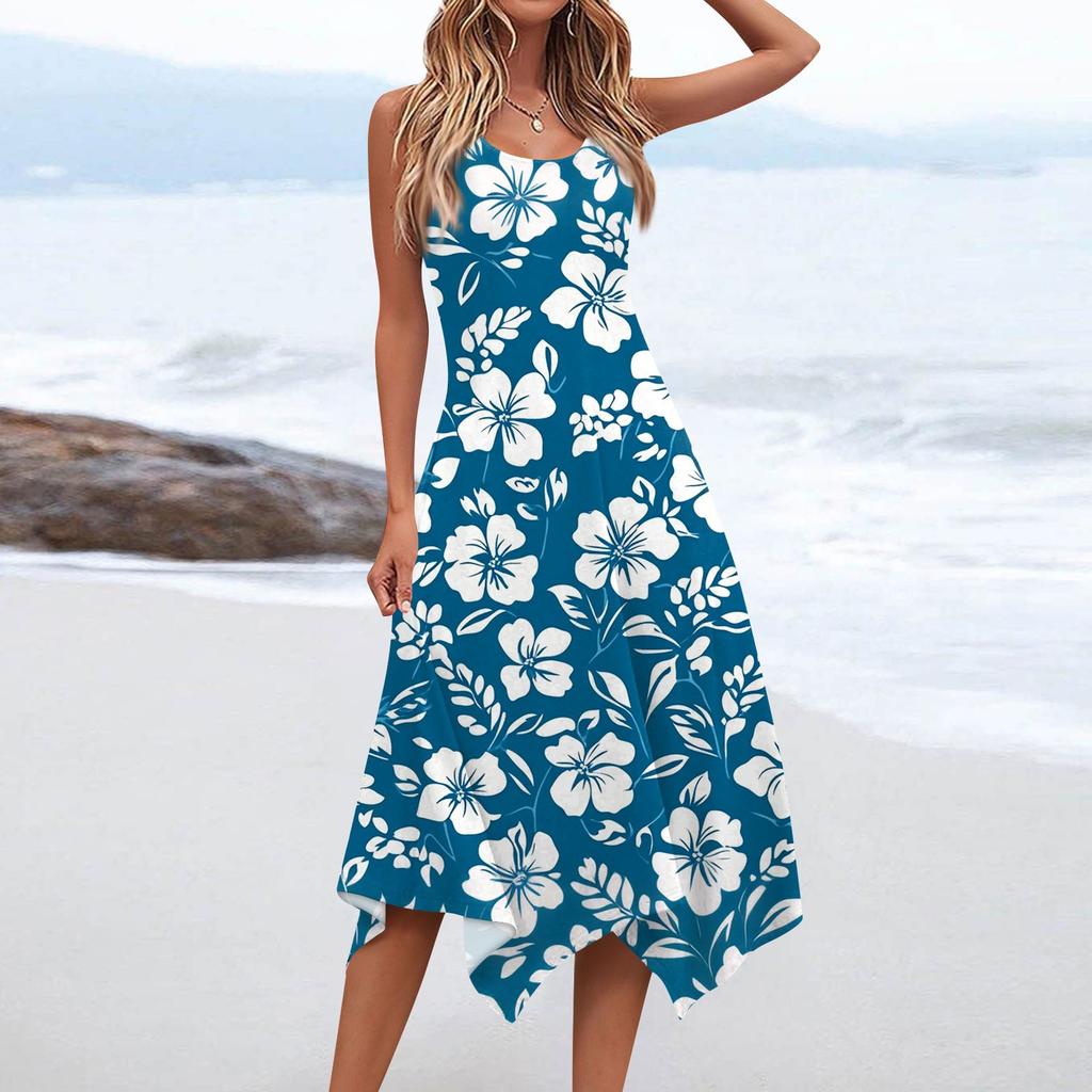 Women's Casual Fashion Round Neck Sleeveless Floral Print Irregular Hem Midi Dress