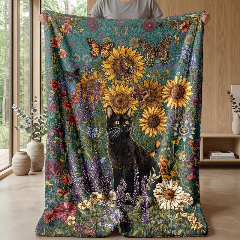 Floral Garden Cat Theme blanket Lightweight Warm Flannel Blanket Decorative Throw Blanket for Home Decoration