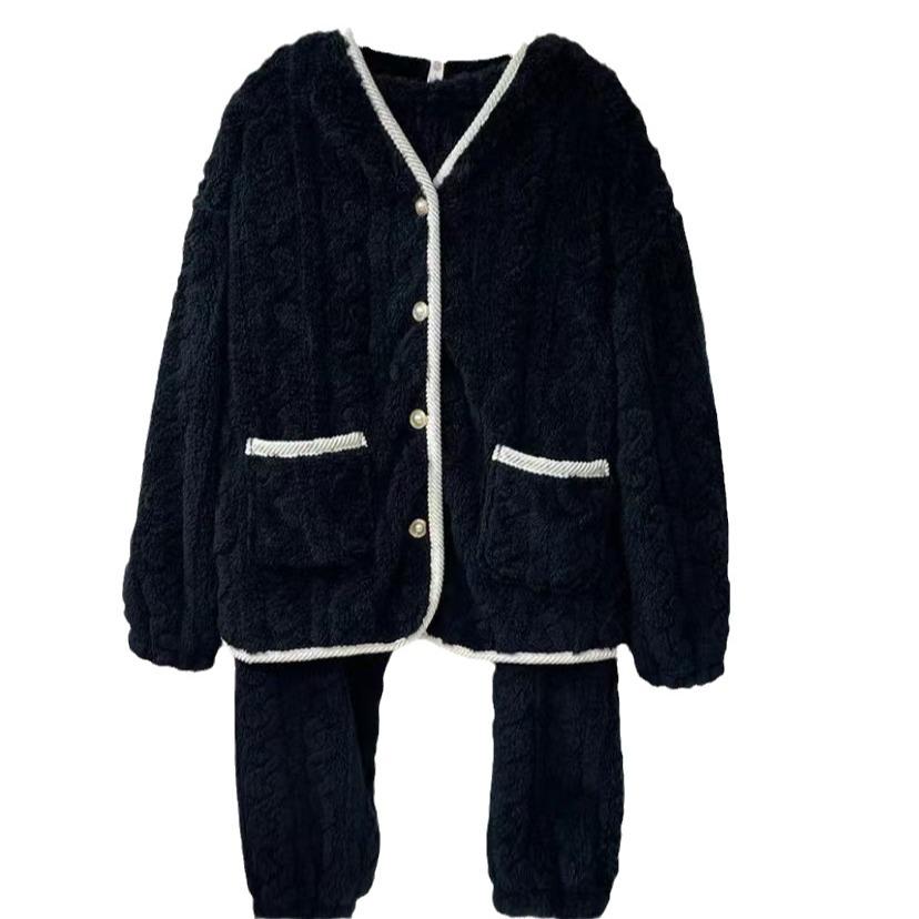 2024 Spring & Autumn Coral Fleece Pajama Set: 3D Jacquard Flannel Long Sleeve Cardigan Homewear