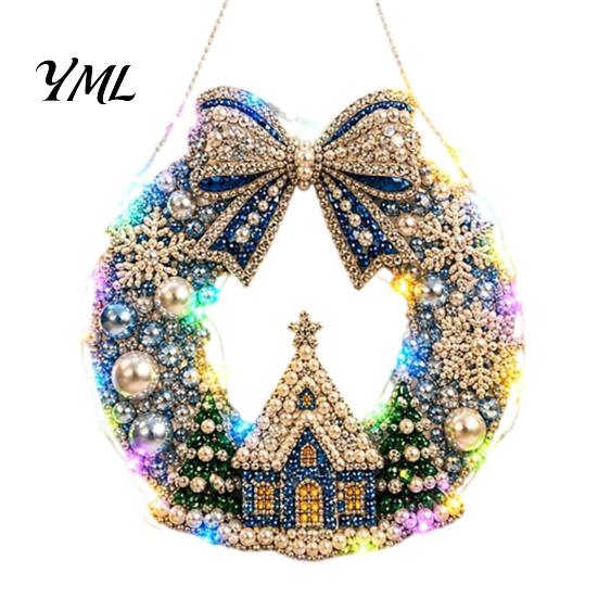 DIY Heimurlaubsdekoration Acryl Weihnachten Kunstperlen Aufhänge-Set, Beleuchteter Kranz 3D Perlen Bastelmalerei Set Kit mit LED-Lichterkette,