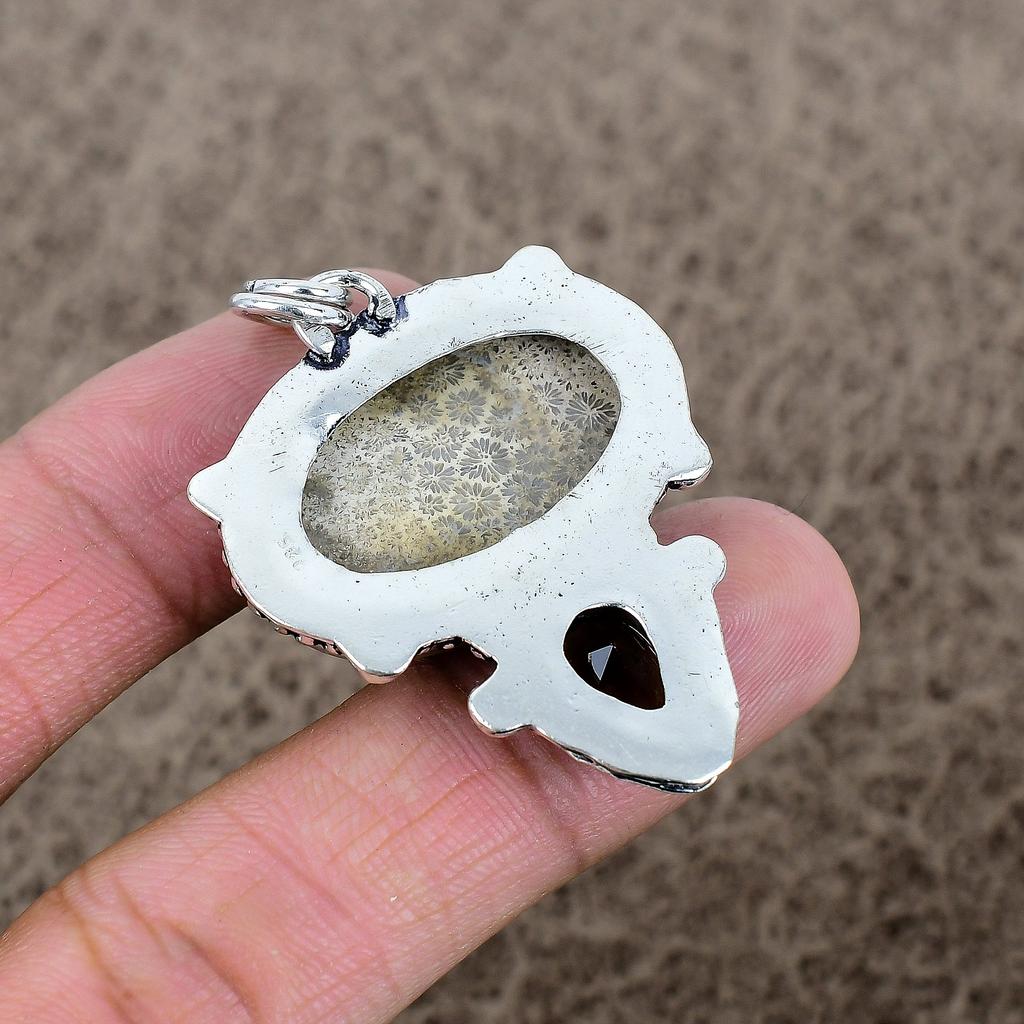 Fossil Coral, Topaz Gemstone 925 Sterling Silver Jewelry Pendant 2.01" KKG-335