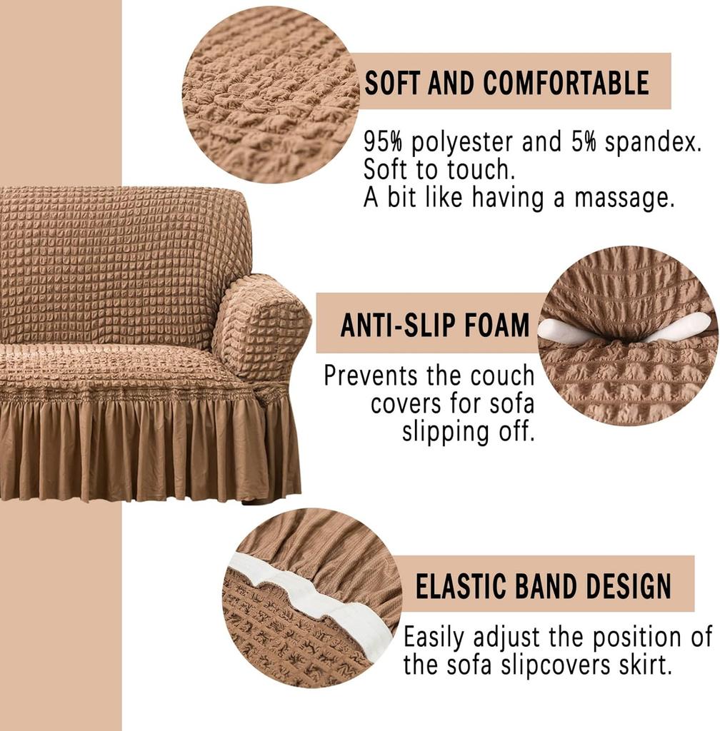 High Stretch Bubble Grid Sofa Cover Easy Fitted Sofa Couch Cover with Skirt Durable Washable Furniture Protector for Living Room