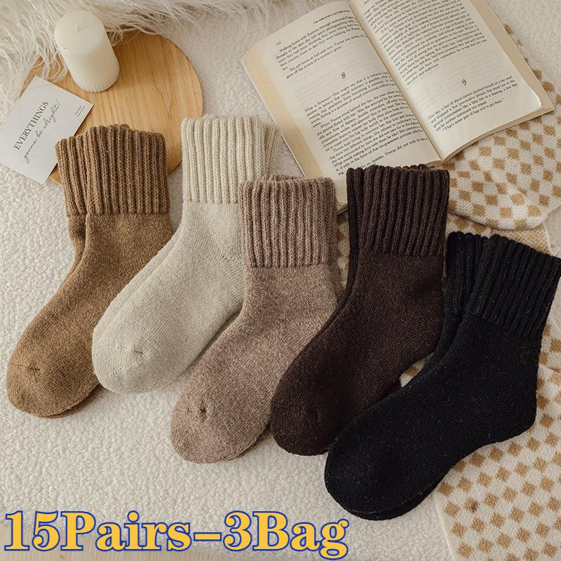 Women's Wool Mid Calf Socks Winter Thickened Melange Fleece Lined Plush SnowSocks Warm Cashmere Cotton TerryToweling Floor Socks