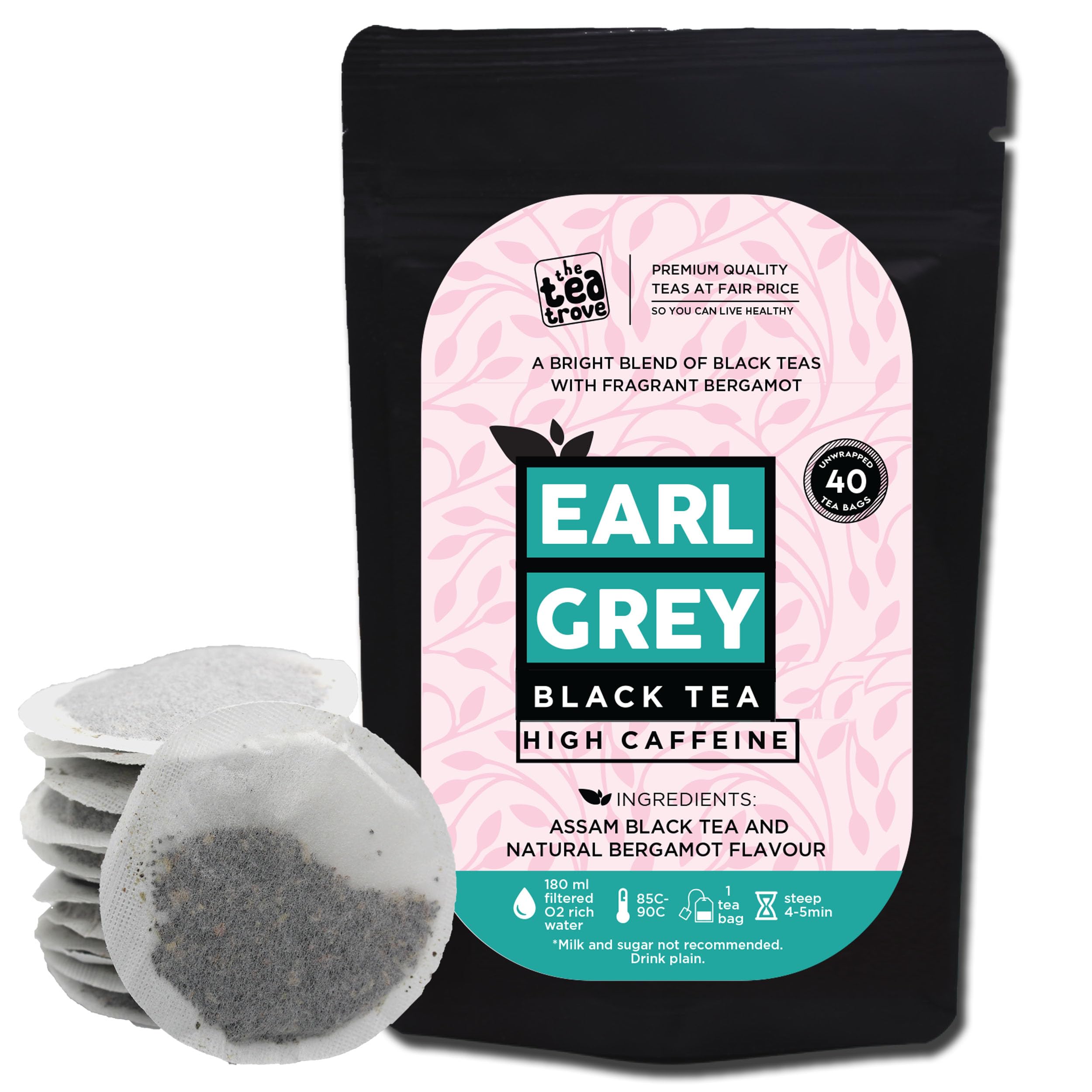 The Tea Trove Earl Grey Tea Bags - 40 Eco-Friendly Earl Gray Black Tea Bags in Resealable Pouch, Natural Bergamot Flavor Blended with Fine