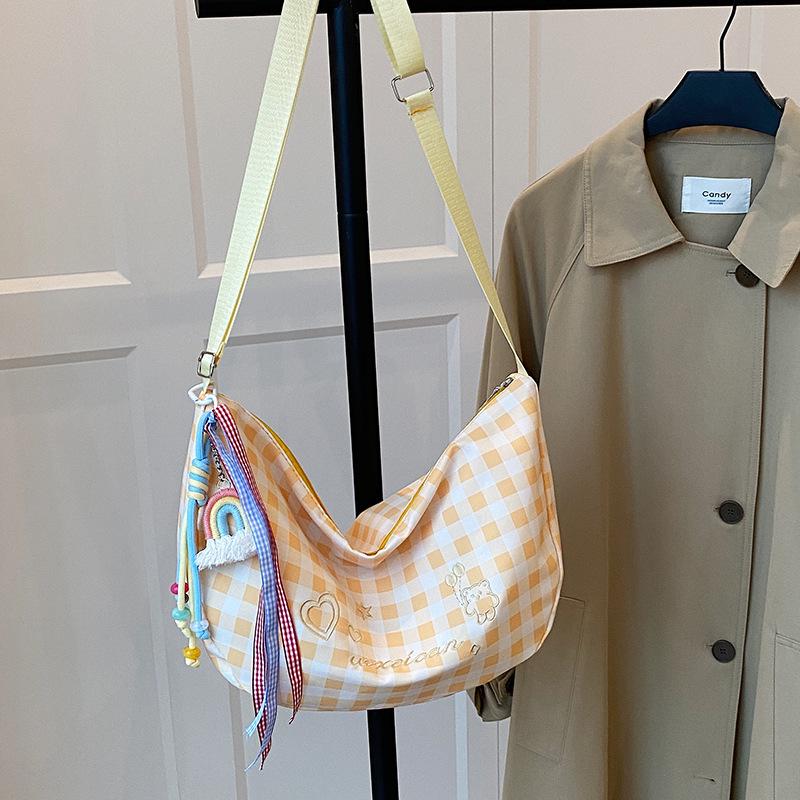 Casual Plaid Shoulder Bags for Women Lightweight Simple Ladies Crossbody Bag Purse Embroidered Deisgn Female Hobos Phe Handbag