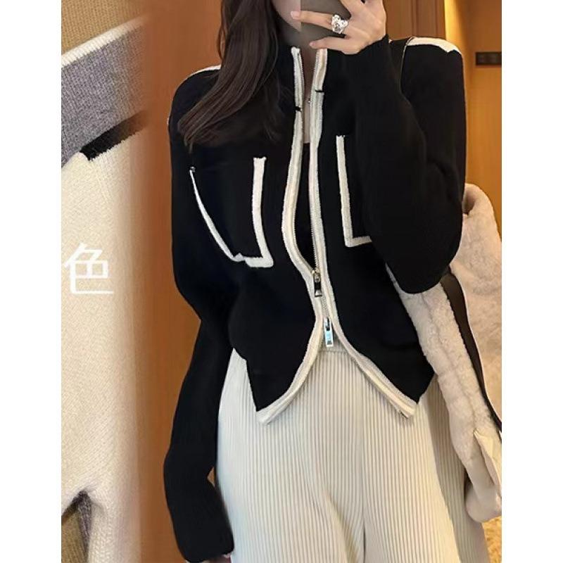 Contrasting Color Double Zipper Sweater Jacket Women's Autumn and Winter New Lazy Wind Knitted Cardigan