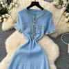 Summer Women Elegant Short Sleeve Denim Patchwork Knitted Sweater Long Midi Party Dresses