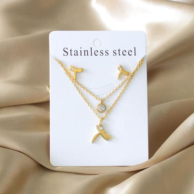 Double Chains Necklace And Earrings Zircon Sets Female Wedding Party Cubic Zirconia 316L Stainless Steel Pendant Zircon Gifts