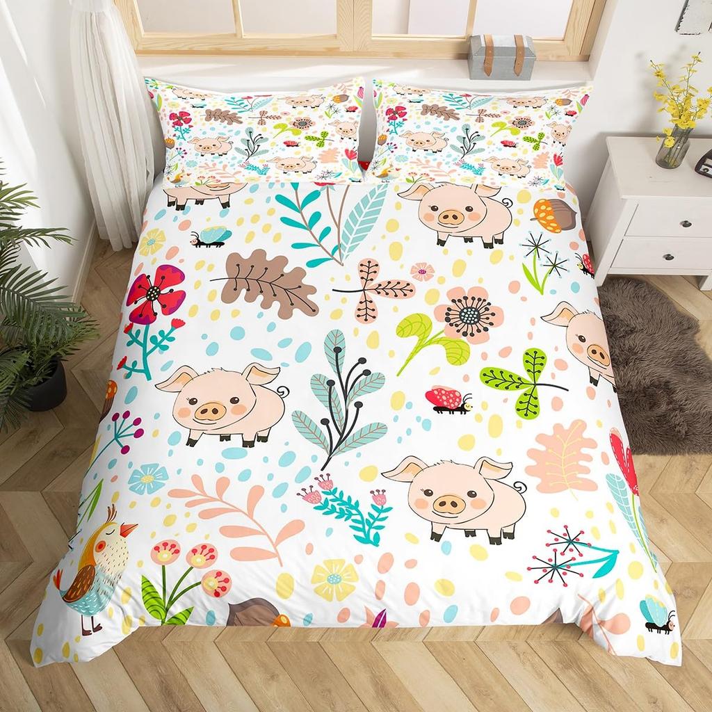 Comforter Cartoon Lion Kids Jungle Botanical Comforter Floral Zoo Animal Bedding Set Woodland Leaves Flowers