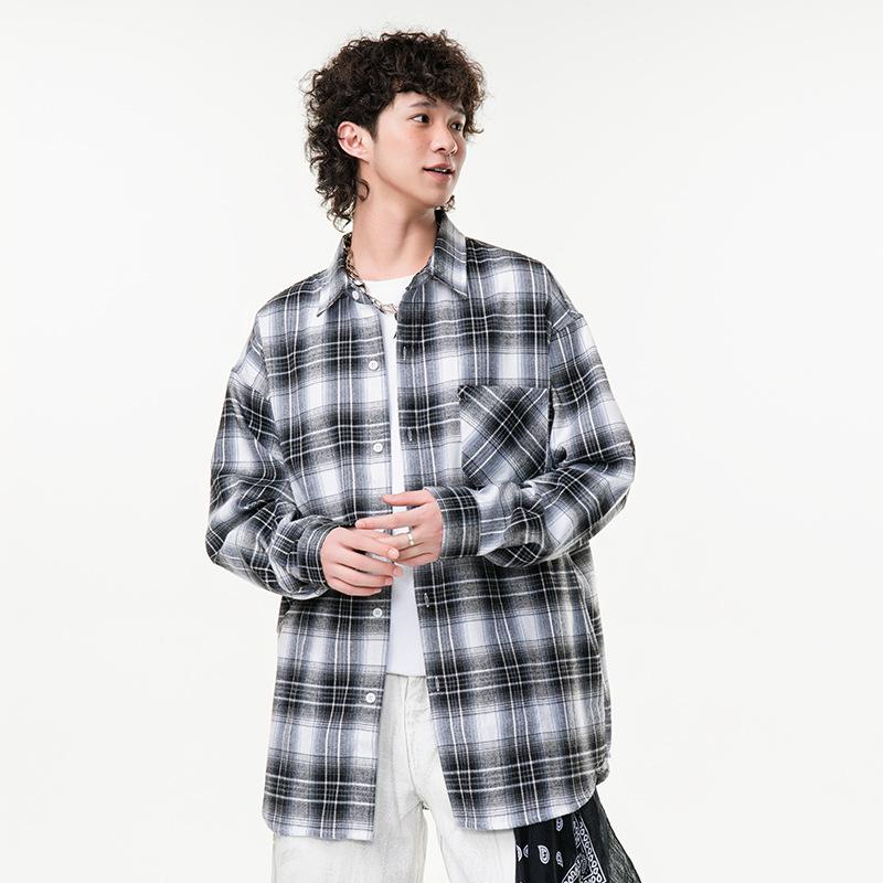 New Japanese Mid-length Shirt for Spring for Men's Fashion Trend Casual Plaid Shirt