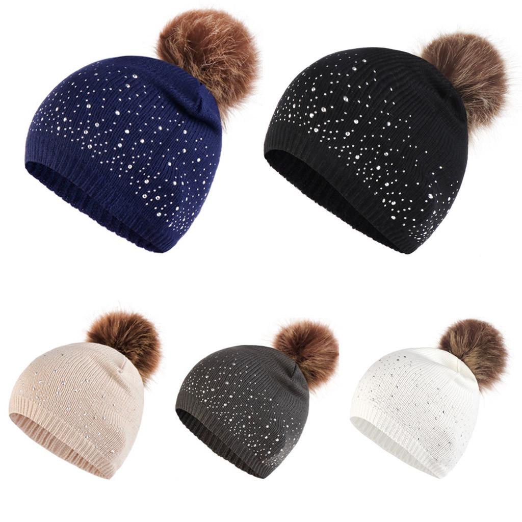 Fashion Women Knitting Wool Hemming Hat Rhinestone Keep Warm Winter Hairball Cap