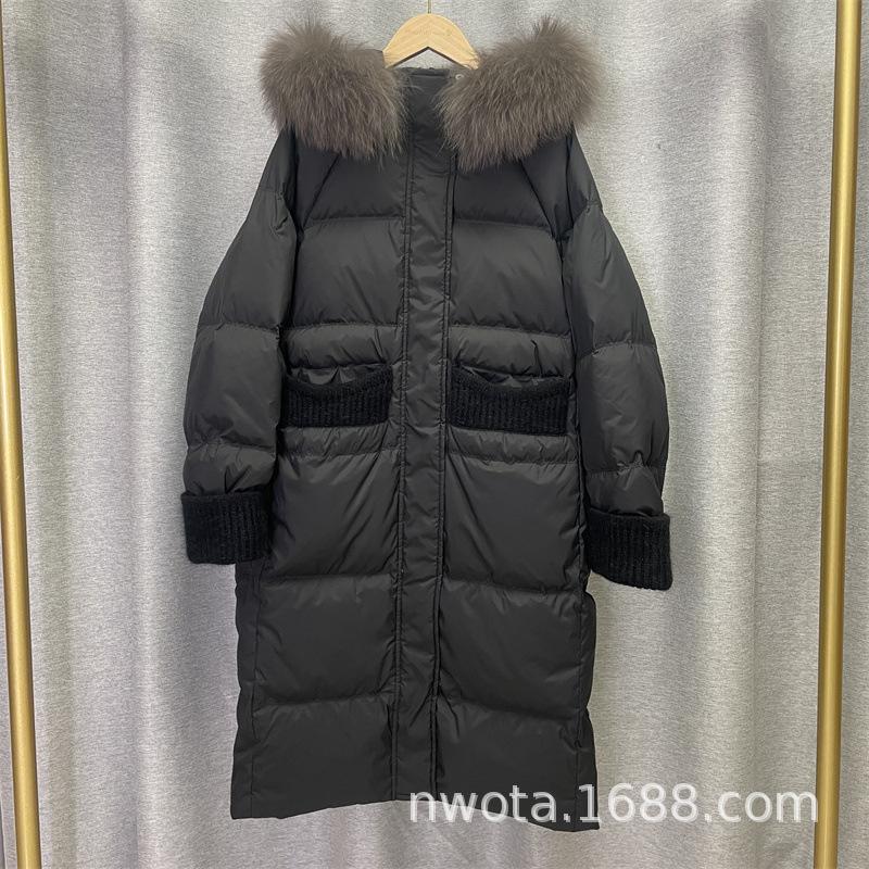 Long white duck down jacket women's new knee thickened hooded big fur collar loose large size tide