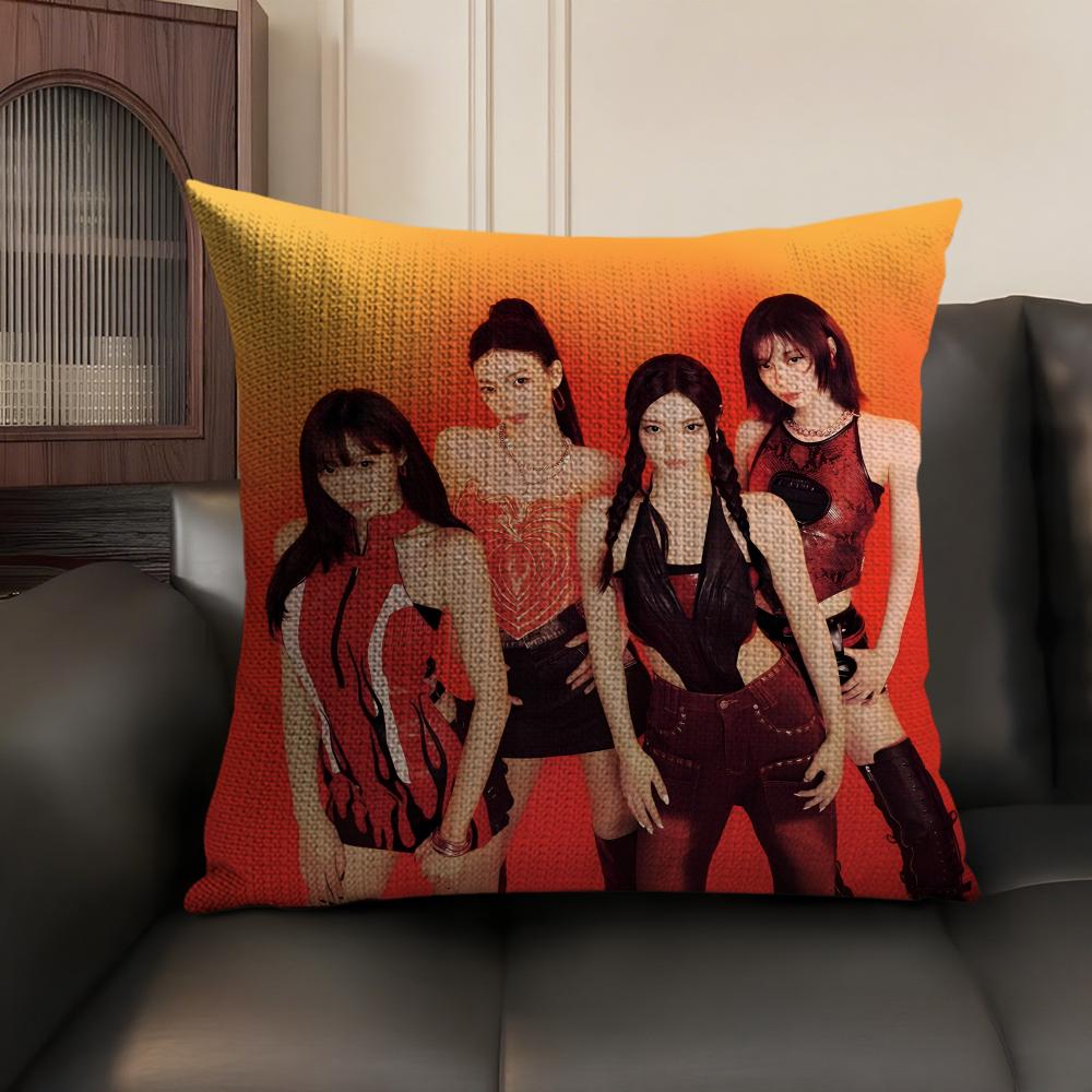 A-Aespa Korean Group Cushion Cover Natural Linen Organic Fabric Double-Sided Printing Sofa Home Decor Gift Pillow Case