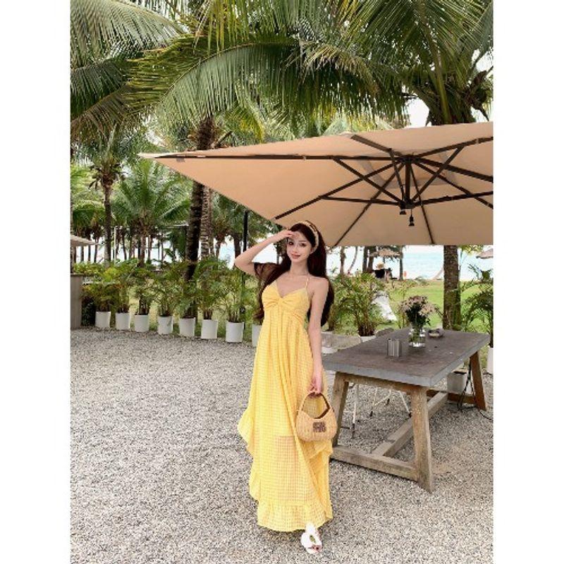 Kumikumi Holiday Style Yellow Plaid Hanging Neck Dress Women Summer French style Age Reduction Frill Backless Long dress