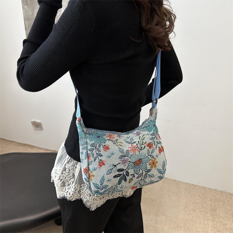 Stylish Casual Artistic Printed Crescent Bag In Deep Blue And Cream For Trendy Outings