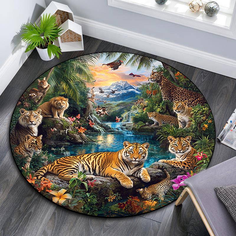 

Tiger Jungle Wildlife Round Area Rug,Carpet Rug for Living Room Bedroom Sofa Playroom Decor,Non-slip Floor Mat 80cmx80cm