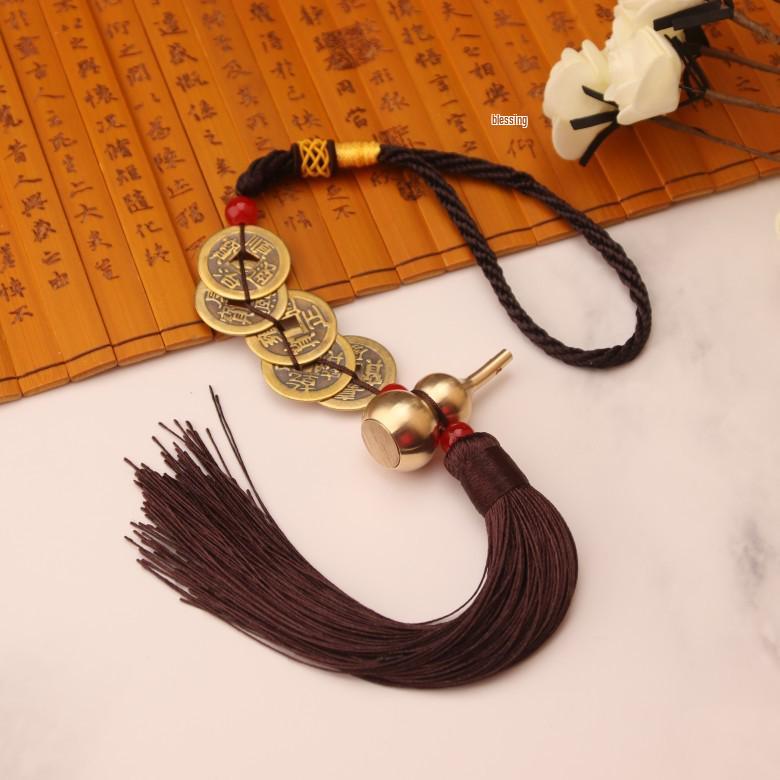 Fu Lu Zhen Zhai Chinese Gourd Pendant with Five Emperors Copper Coins and Gold Edge – Wealth Knot Ornament Gift