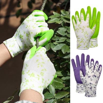 1 Pair Gardening Gloves Waterproof Latex Gloves with Elastic Wrist Floral Print Anti Stabbing Protective Gloves for Planting Weeding Picking Fruits
