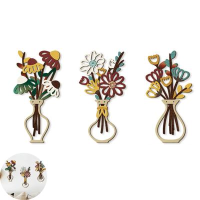 Wooden Flower Vase Wall Art Rustic Farmhouse Wood Flower Wall Decor Minimalist Boho Plants Bouquet Decor for Living Room Bathroom Bedroom