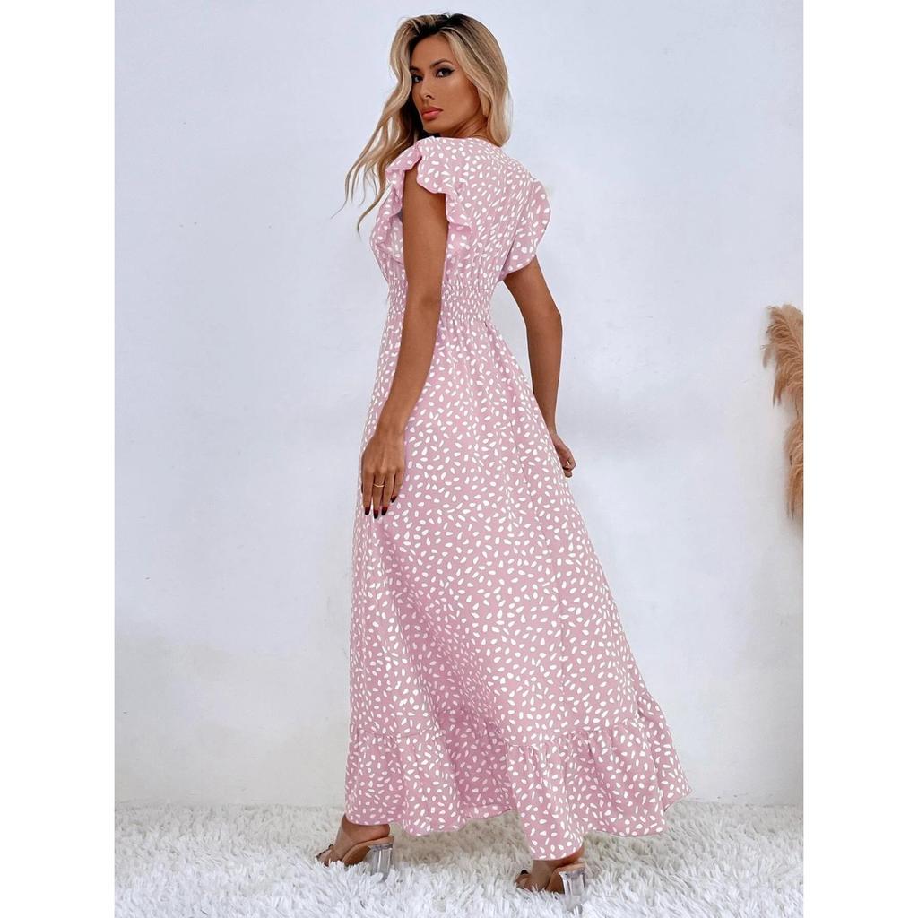Spring and Summer V-neck Cinched Waist Long Dress, Ruffled High-waisted Dress for Women