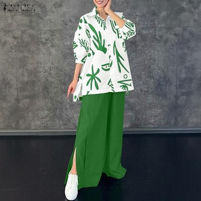 Women Long Sleeve Print Blouse and Pants Casual Two Piece Suit Sets